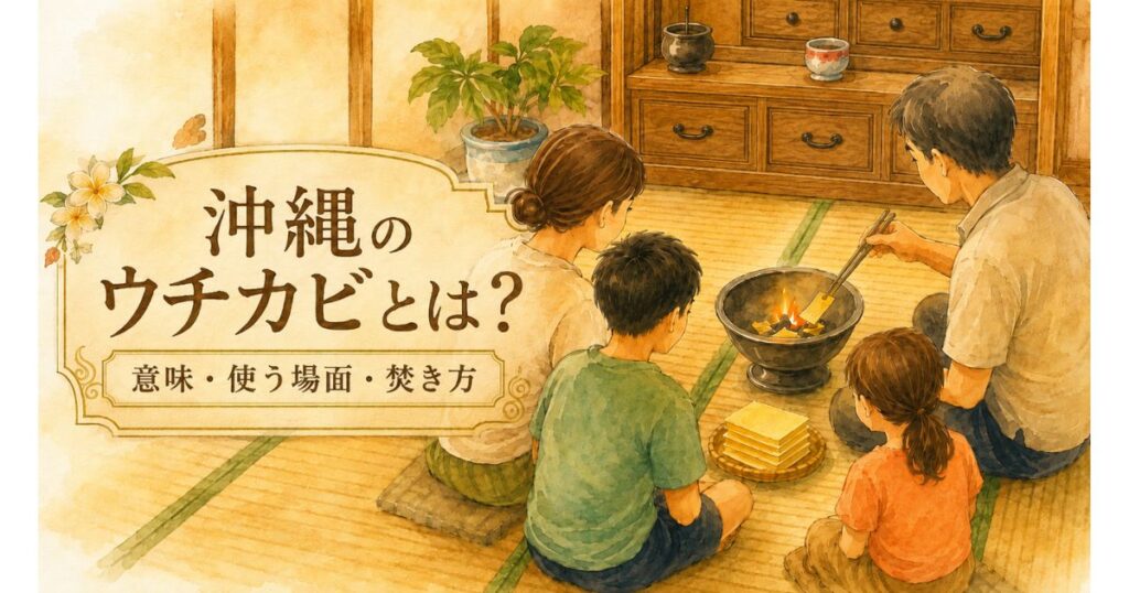 沖縄の室内で家族がウチカビを焚く様子を描いたアイキャッチ画像